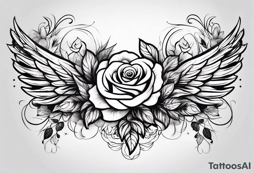 angel wing with roses and plants tattoo idea