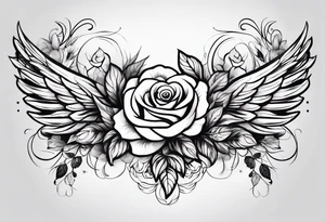 angel wing with roses and plants tattoo idea