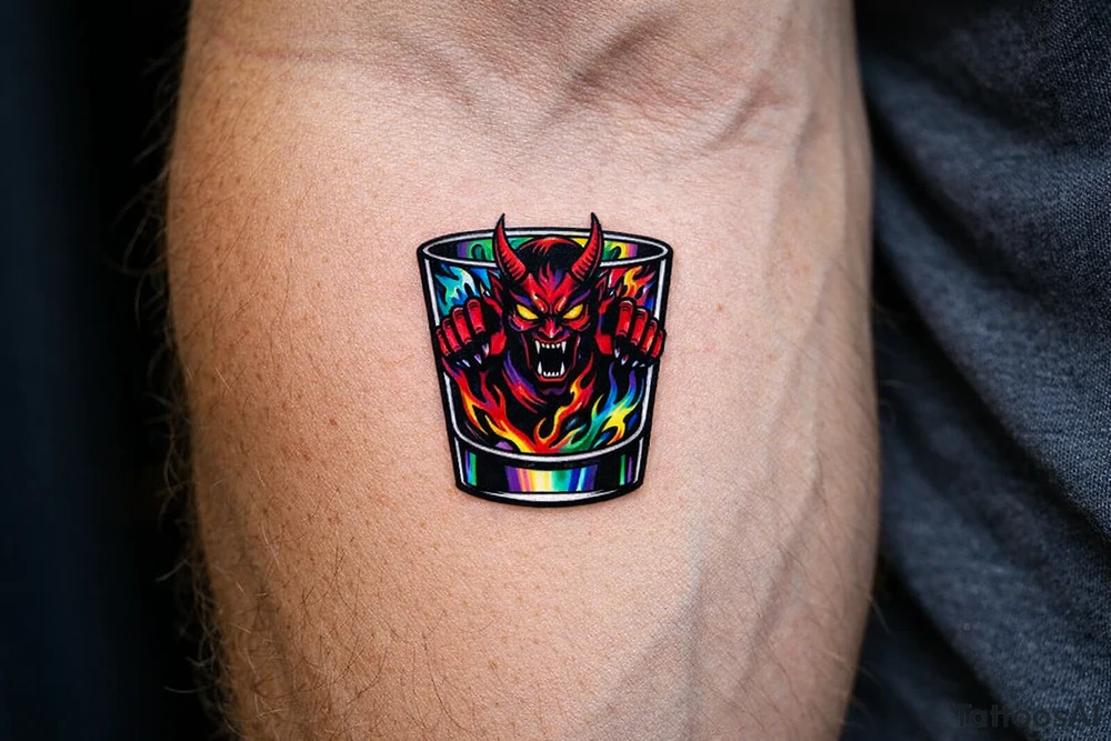 Silhouette of a demon trapped in a minimalist shot glass, sharp lines. tattoo idea