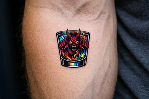 Silhouette of a demon trapped in a minimalist shot glass, sharp lines. tattoo idea