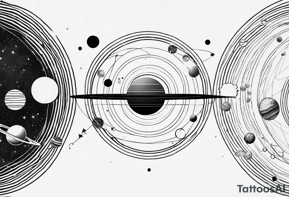 Fine line solar system tattoo of planets in orbit in alignment in a straight line tattoo idea