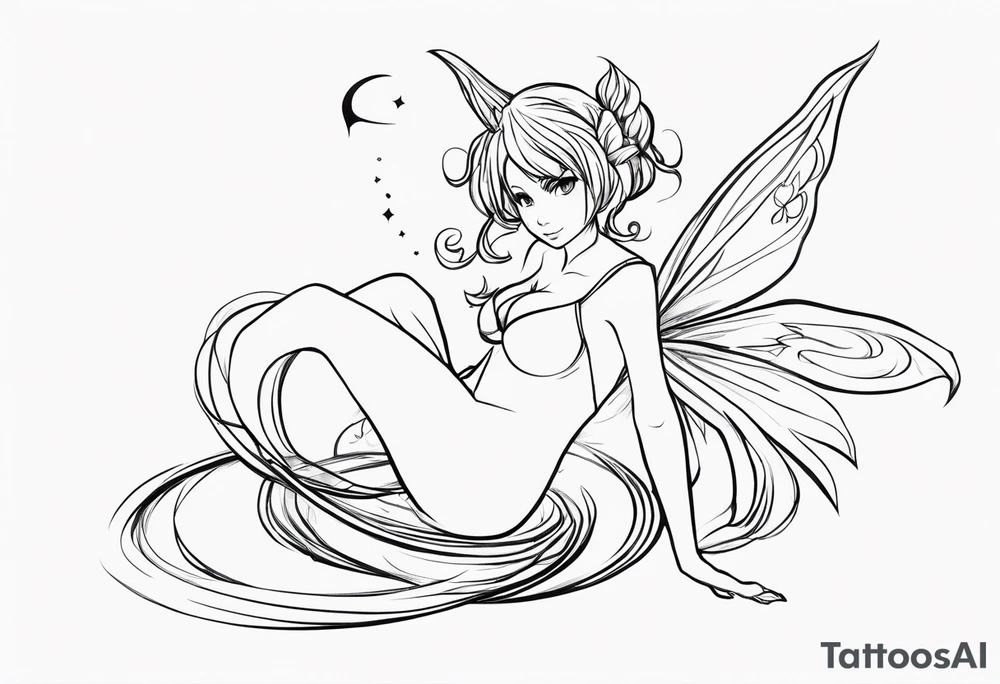 No color sketch of a fairy with a tail inspired by the guild symbol in the anime show called Fairy Tail in a fetal position leaning forward while crawled in with hands a bit forward and her body is an angle while floating in the air tattoo idea