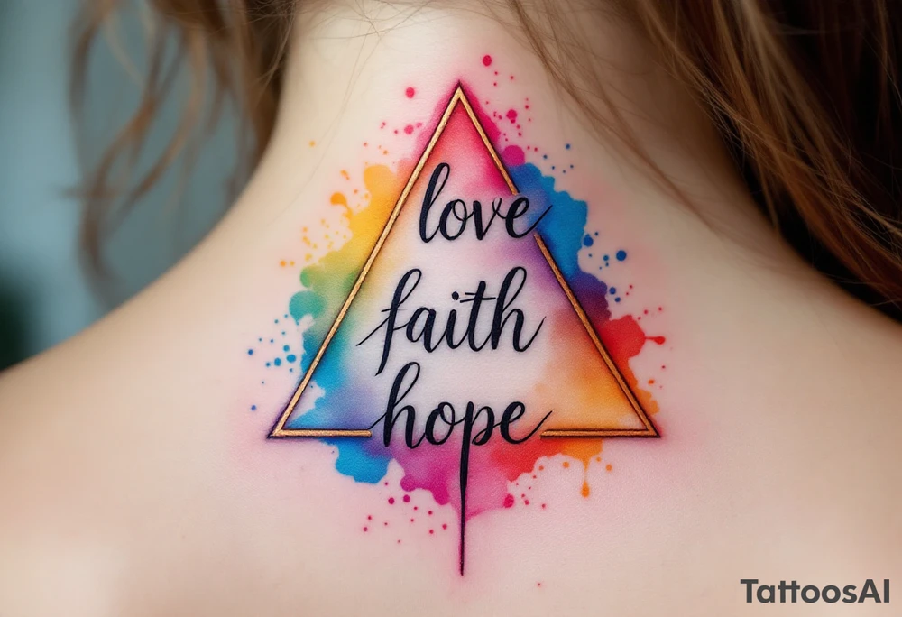 Words love faith hope arranged in a triangle, each corner marked with a watercolor splash—rose red, ocean blue, and golden yellow. tattoo idea