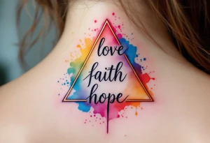 Words love faith hope arranged in a triangle, each corner marked with a watercolor splash—rose red, ocean blue, and golden yellow. tattoo idea