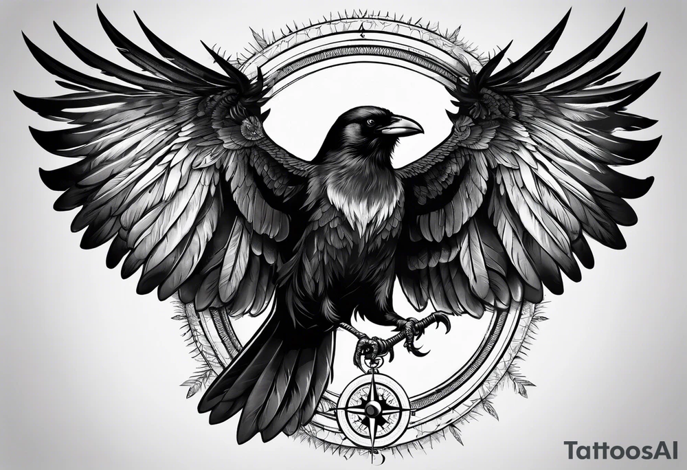 flying crow with compass and two wings tattoo idea