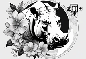 Asymmetrical, geometric, chinese ink art touch, hippo , full moon, wintersweet flower, light , modify from my favourite, s-shape tattoo idea