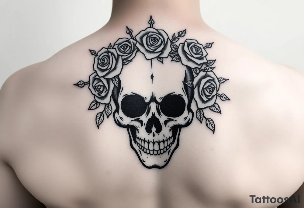ornate skull adorned with crown of wild roses and thorns tattoo idea