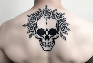 ornate skull adorned with crown of wild roses and thorns tattoo idea