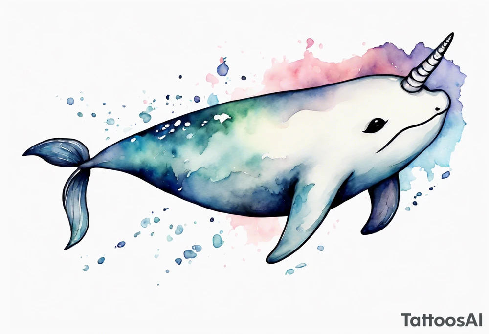 a melancholy watercolor painting of a realistic white narwhal swimming tattoo idea
