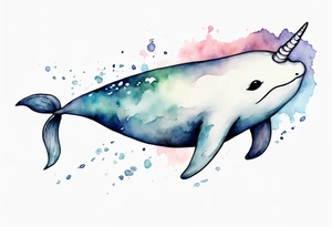a melancholy watercolor painting of a realistic white narwhal swimming tattoo idea