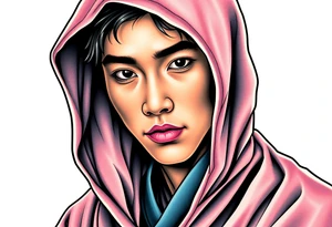 Handsome Asian young guy wearing robe with hood tattoo idea