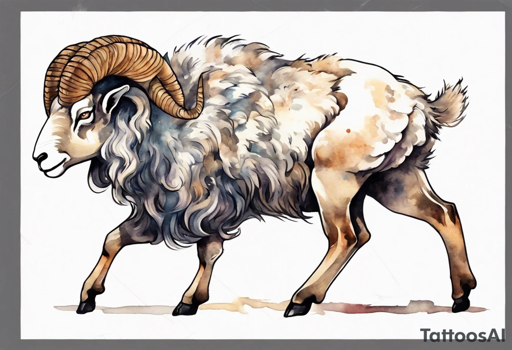 a large man with the head and feet of a big horned sheep tattoo idea