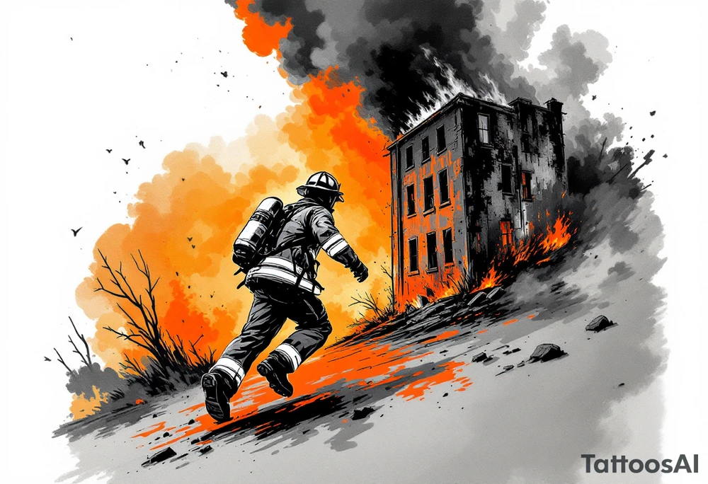 A firefighter running towards a burning building, with dramatic shading in deep oranges, blacks, and grays. tattoo idea