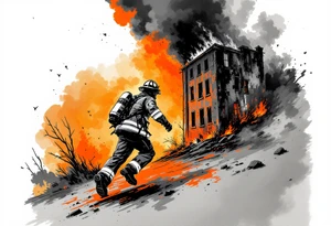 A firefighter running towards a burning building, with dramatic shading in deep oranges, blacks, and grays. tattoo idea