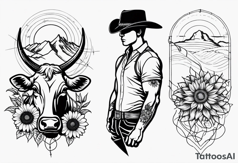 Arm tattoo with barbed wire, cowboy hat, sun flowers and cow tattoo idea
