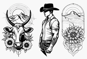 Arm tattoo with barbed wire, cowboy hat, sun flowers and cow tattoo idea