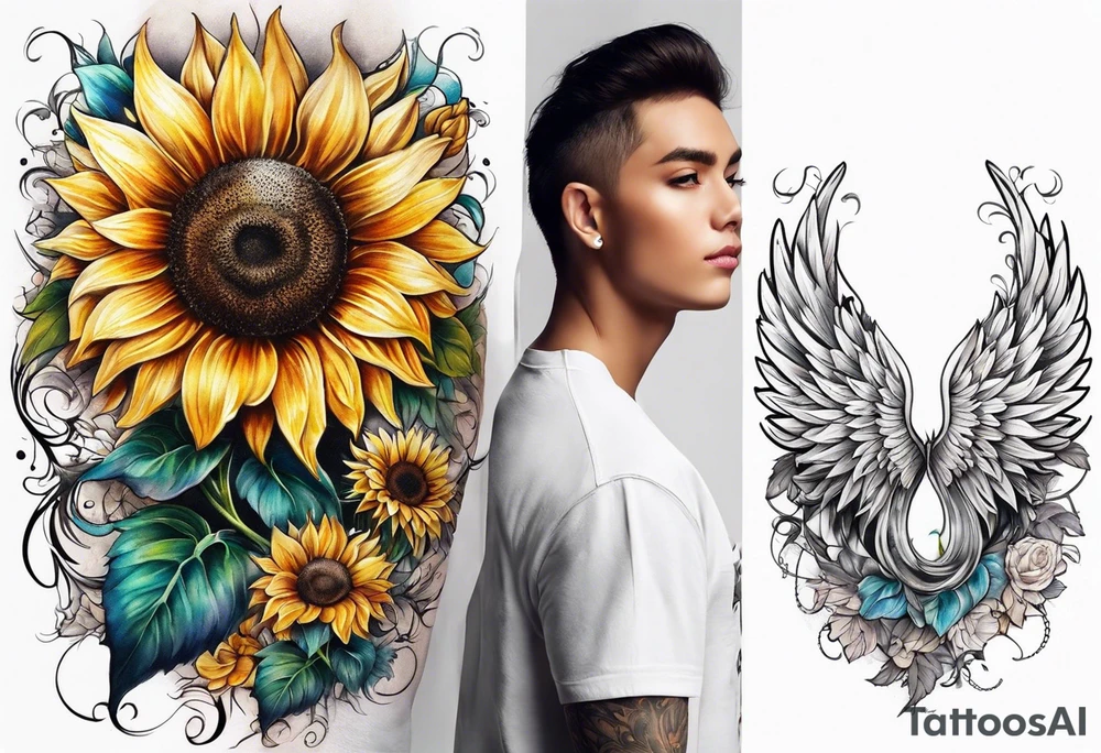 Sunflower and angel wings sleeve tattoo idea