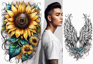 Sunflower and angel wings sleeve tattoo idea