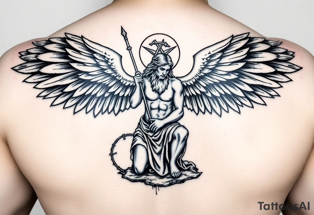 God hermes kneeling with wings wrapped around him tattoo idea tattoo idea tattoo idea