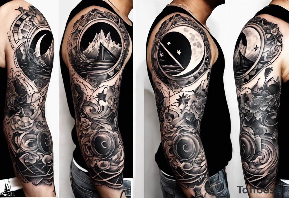 A well balanced tattoo full left arm with the following images: a bass guitar, 2 stars, 1 quarter moon, a caduceus symbol and a mickey mouse tattoo idea