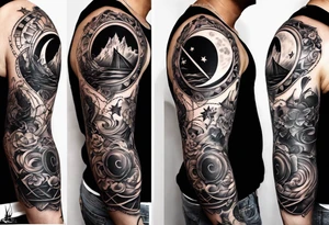 A well balanced tattoo full left arm with the following images: a bass guitar, 2 stars, 1 quarter moon, a caduceus symbol and a mickey mouse tattoo idea
