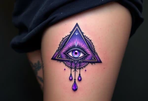 A purple triangle with a third eye in the center, radiating mysticism and awareness placed under collarbone tattoo idea