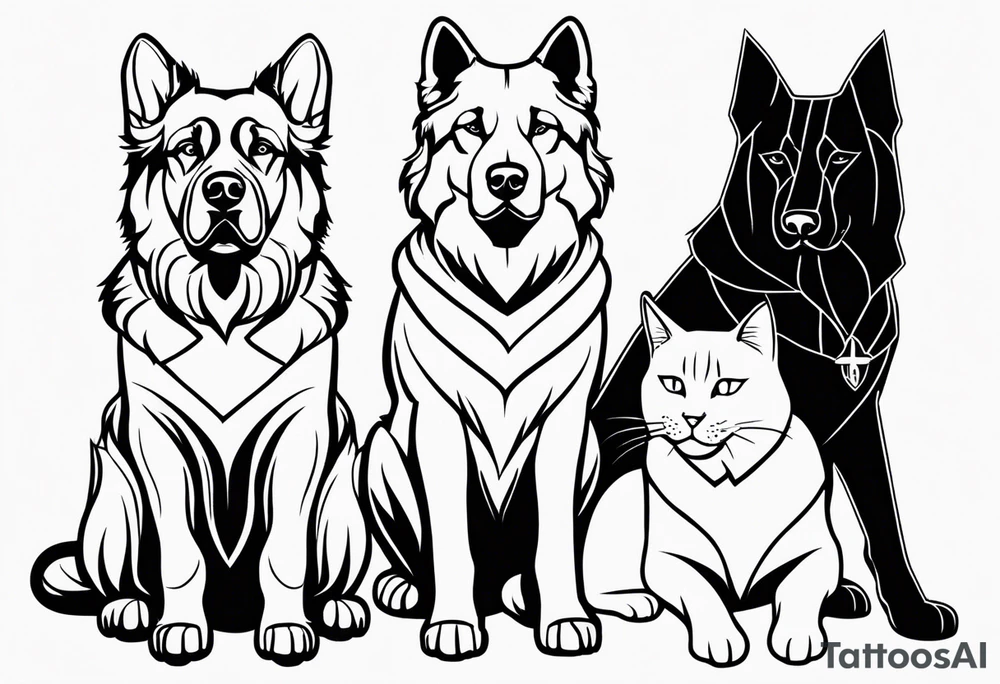 2 big dogs 3 small dogs and one black cat tattoo idea