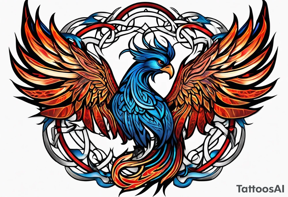 Blue and red Phoenix in a Celtic knot with flames tattoo idea