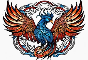 Blue and red Phoenix in a Celtic knot with flames tattoo idea