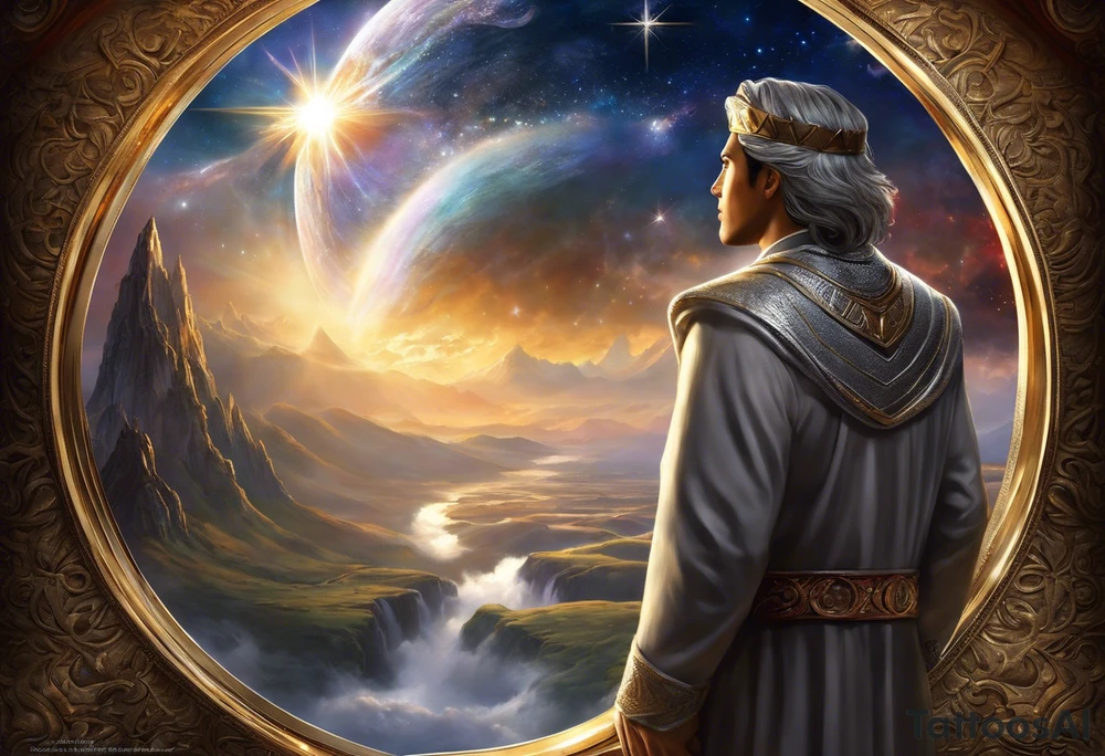 Jehovah looking out at the marvels of his creation from the atoms to the galaxy and celestial beings. With grey wash and a fantasy theme. Jehovah has to be a character who is so majestic, charismatic, immensely powerful. There isnt a single thing he isnt capable of doing. Infinitely powerful forward facing. Without the pagan styled attire and without the pagan symbols etcetera, shirtless, large muscular athletic physique, deep muscle definition tattoo idea