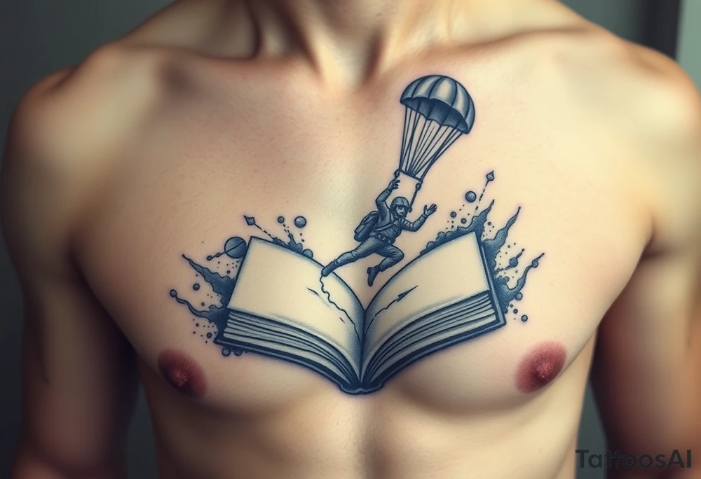 A parachuting soldier falling into an open book. Chaos surrounding, but the book is protecting the soldier from it. On the chest. Make the tattoo smaller. Make it thought provoking. Make the chaos in the environment be an eerie mist. Make the pages in the book be blank. Just one soldier, no other characters. the book is old. tattoo idea