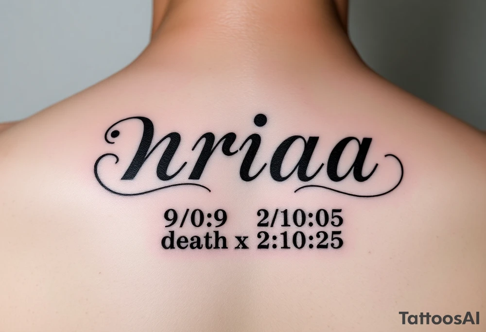 one tattoo with the name nriaa birthday 9/24/05 death date 2/10/25 black lining, less shade in including a halo on tattoo idea
