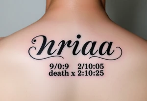 one tattoo with the name nriaa birthday 9/24/05 death date 2/10/25 black lining, less shade in including a halo on tattoo idea
