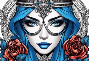 The woman's eyes are covered with a blue ribbon, she holds a sword in one hand and scales in the other . lady justicia, blue roses frames tattoo idea