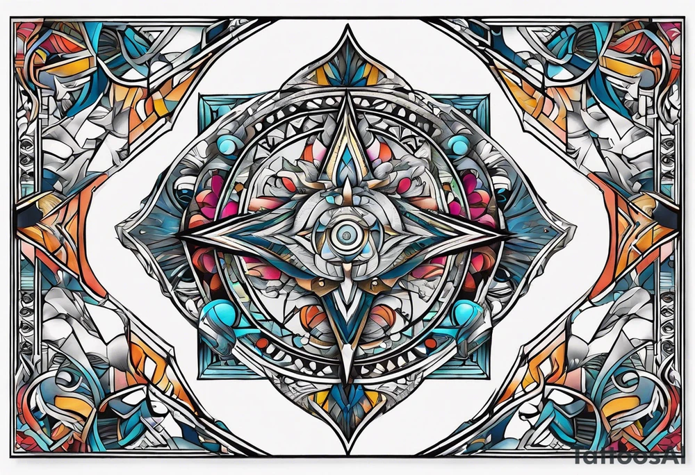 Bold geometric tapestry trident in colour on arm tattoo idea