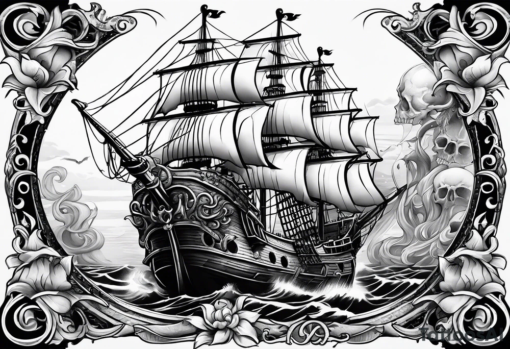 skull octopus pirate ship tattoo idea