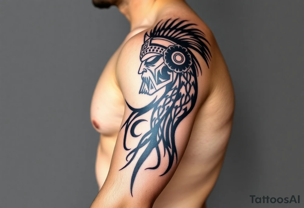 Gladiator on the shoulder with tribal markers down the arm tattoo idea