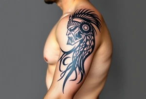 Gladiator on the shoulder with tribal markers down the arm tattoo idea