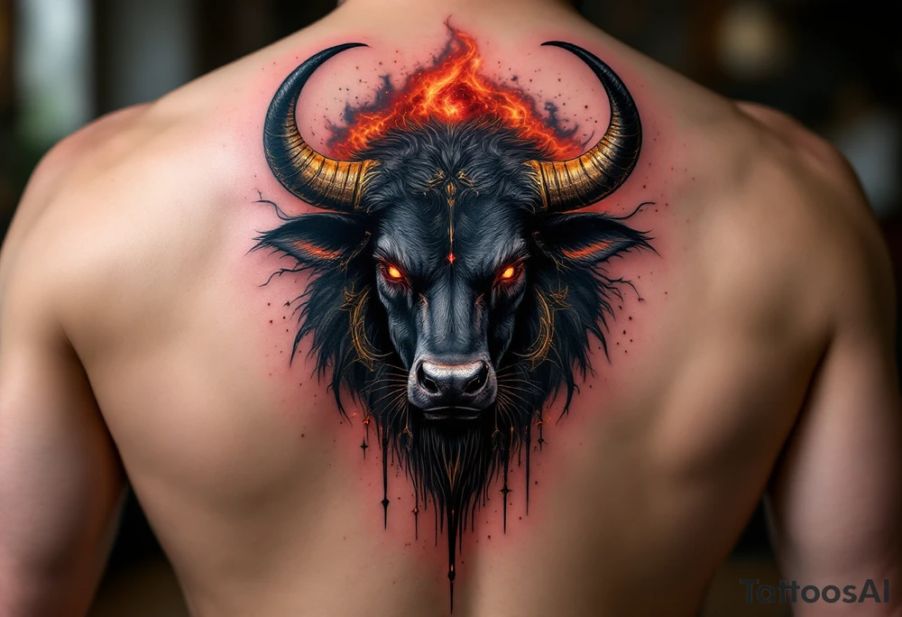 ChatGPT řekl:
A majestic Taurus tattoo featuring a powerful black bull with glowing golden horns, crimson eyes, and a deep red nebula swirling behind it, symbolizing strength, determination, and fiery passion. tattoo idea