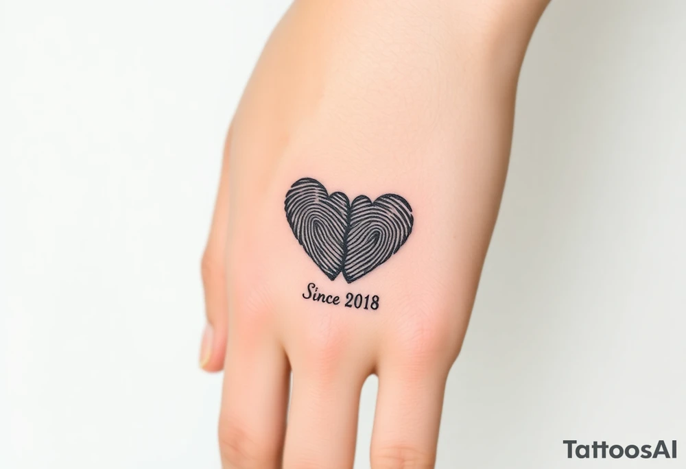 A heart-shaped fingerprint pattern, formed from the couple’s actual fingerprints with wedding date since 2018 tattoo idea
