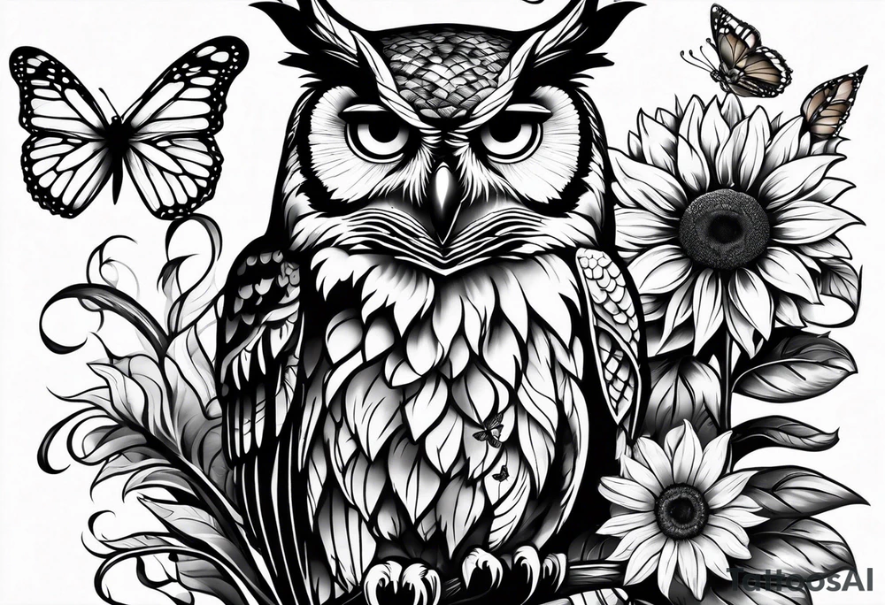 Owl, sunflower with a butterfly tattoo idea