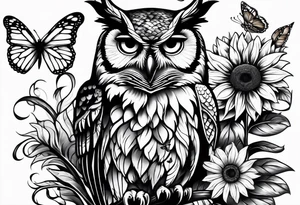 Owl, sunflower with a butterfly tattoo idea