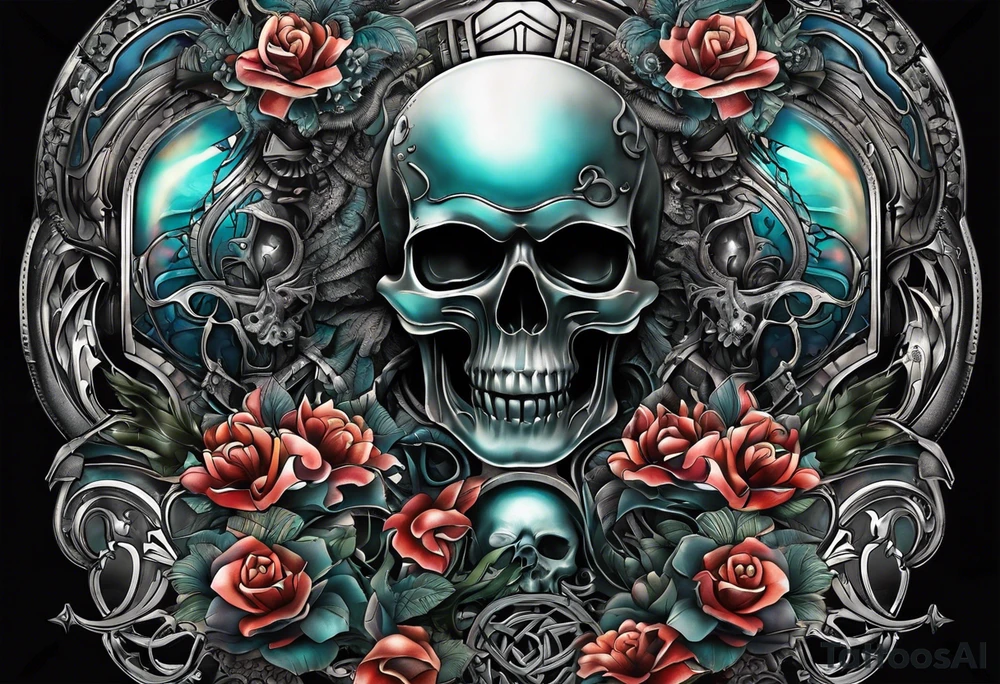 H.R. Giger tattoo with evil skull, various flowers, geometric shapes, water flow and fall colors tattoo idea