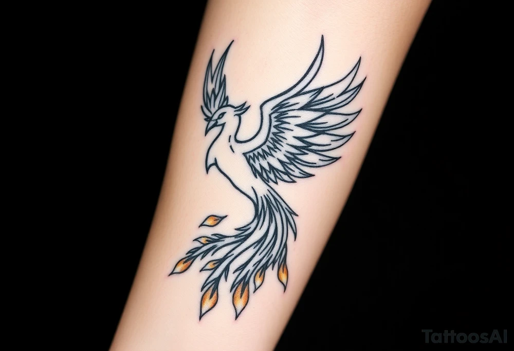 magnificent phoenix rising from golden flames with trailing embers tattoo idea