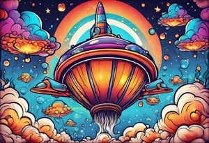thin rocketship with a psychedelic mushroom top with fire coming out the bottom bursting out of bubble as the bubble pops tattoo idea