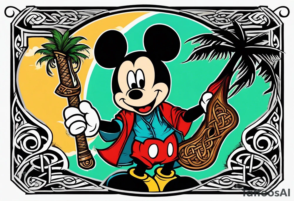 mickey mouse holding a karambit knife in one hand and a rattan stick in the other hand with palm trees and the celtic symbol for family tattoo idea