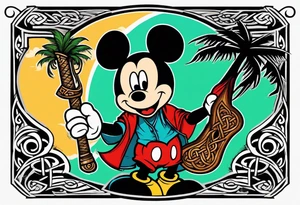 mickey mouse holding a karambit knife in one hand and a rattan stick in the other hand with palm trees and the celtic symbol for family tattoo idea