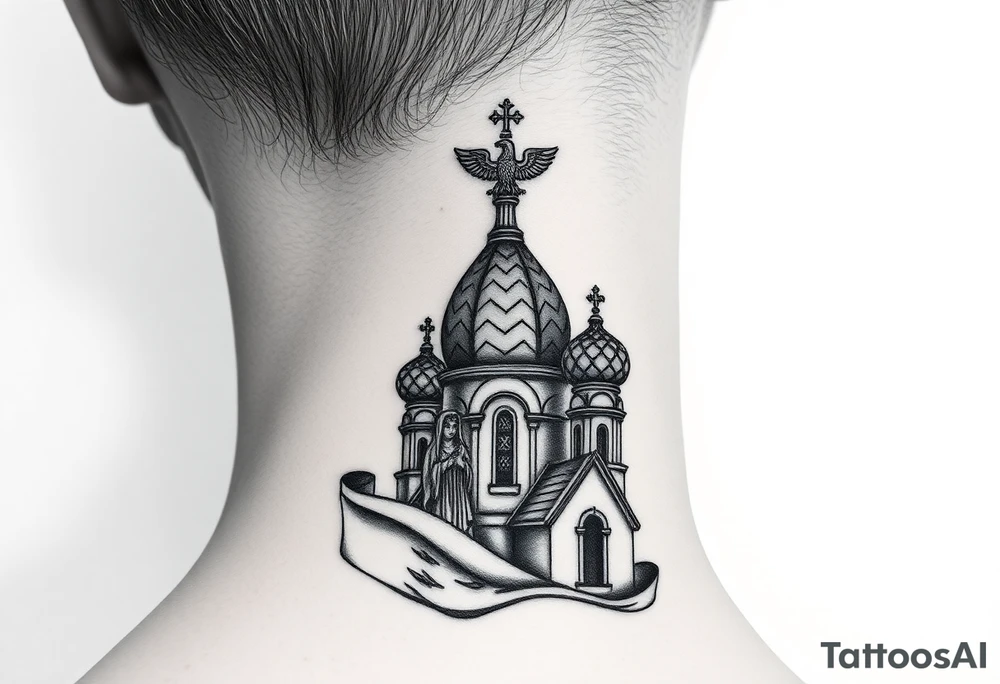 Flowing Scene

A onion domes orthodox church
Virgin Mary in prayer pose wrapping around the lower neck curve
A small double headed russian coat of arms eagle or just the star tucked above the dome near the hairline tattoo idea