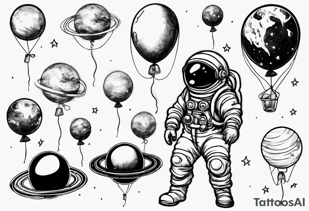 astronaut holding several balloons but balloons are planets tattoo idea