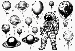 astronaut holding several balloons but balloons are planets tattoo idea